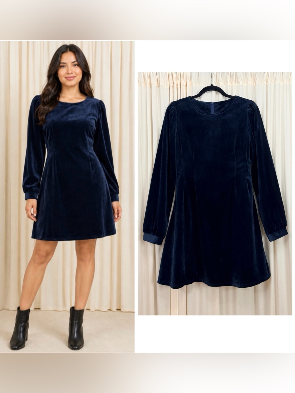 NEW Navy Velvet Long-Sleeve A-Line Dress Size M